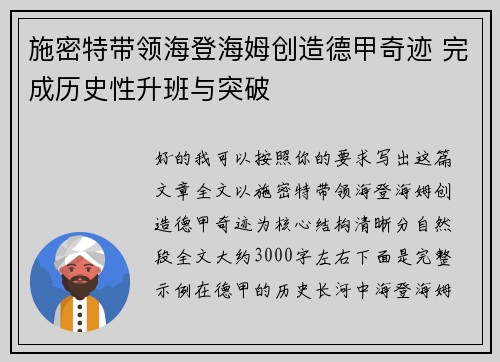 施密特带领海登海姆创造德甲奇迹 完成历史性升班与突破